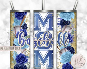 Floral Baseball Mom 20oz Skinny Tumbler Wrap Sublimation Download • Blue Flowers Gold Splatter Sports Mom Gift • DIY Print and Press