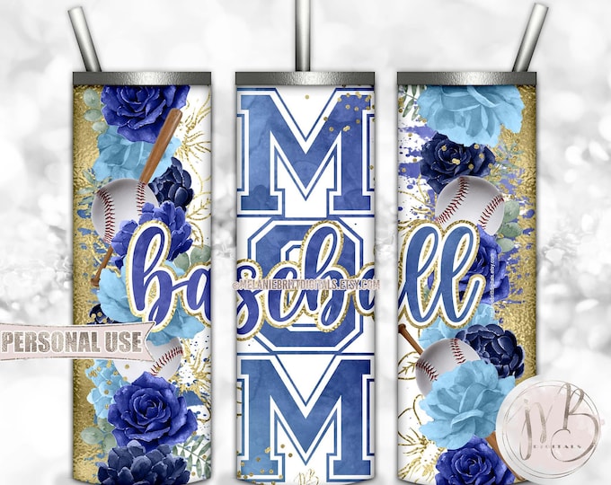 Floral Baseball Mom 20oz Skinny Tumbler Wrap Sublimation Download • Blue Flowers Gold Splatter Sports Mom Gift • DIY Print and Press