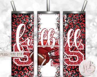 Red Football Sister 20oz Skinny Tumbler Wrap Sublimation Design • Football Helmet Leopard Print Sports Sis Gift • DIY Print and Press