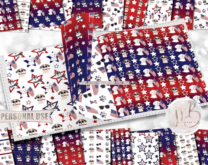 Patriotic Puppy Scrapbook Paper Download • Red and Blue Ombre Cute July 4th Bandana Puppies • Scrapbooking Printable