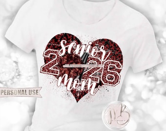 Maroon and Black Cheer Senior 2026 Mom Heart T-Shirt Sublimation Design • Leopard Print Pom Pom Megaphone Glitter • DIY Print and Press