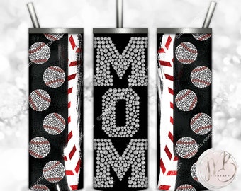 Bling Baseball Mom 20oz Skinny Tumbler Wrap Sublimation Design Download • Diamonds Sports Mom Rhinestone Baseballs • Sublimation Crafts