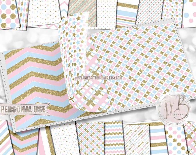 Pink and Blue Classic Scrapbook Paper Download • Patterned Geometric Design with Gold Glitter • Printable Paper Crafts 20 12x12 JPG & PDF