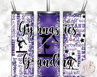 Purple Gymnastics Grandma 20oz Skinny Tumbler Wrap Sublimation Design Download • Gymnast Silhouettes Medals Sports • Sublimation Crafts