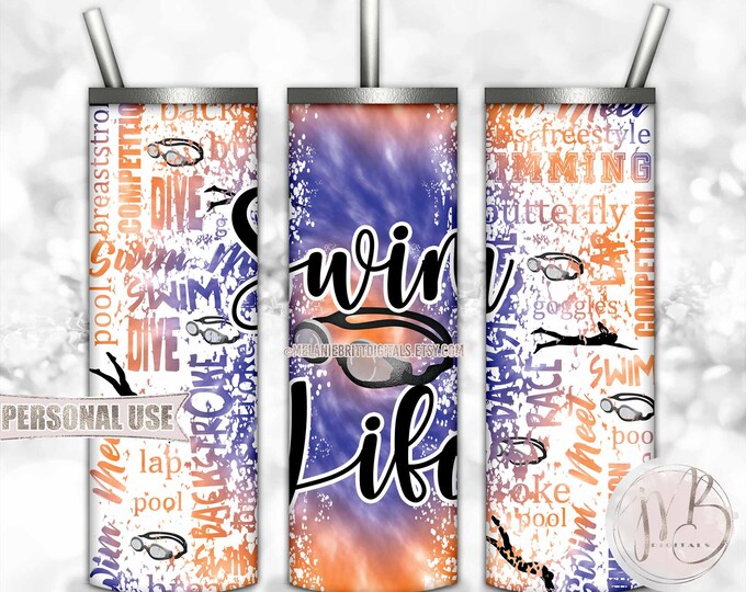 Swim Life 20oz Skinny Tumbler Wrap Sublimation Design • Blue and Orange Tie Dye Swim Goggles Swim Team Swimmer Gift • DIY Print and Press