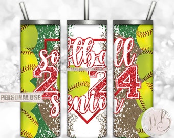 Red Glitter Softball Senior 2024 20oz Skinny Tumbler Wrap Sublimation Design Download • Varsity Softball Graduate • Sublimation Crafts