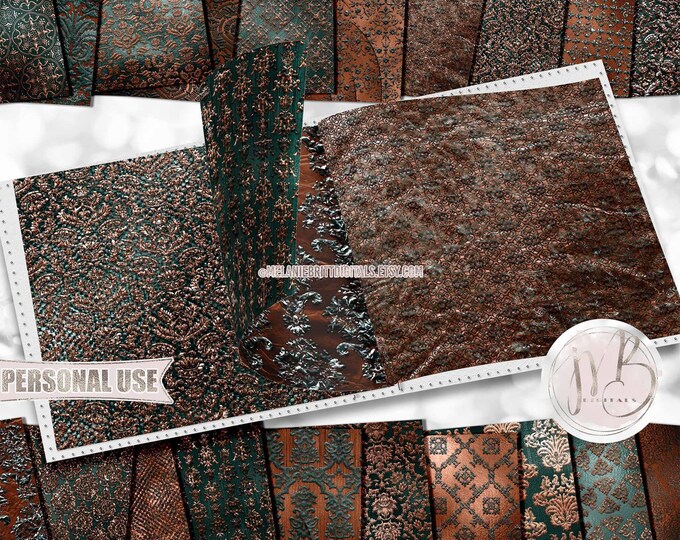 Bronze Forest Embossed Damask Scrapbook Paper Download • Ornamental Damask Shimmering Foil Design • Printable Paper Crafts 20 12x12 JPG PDF
