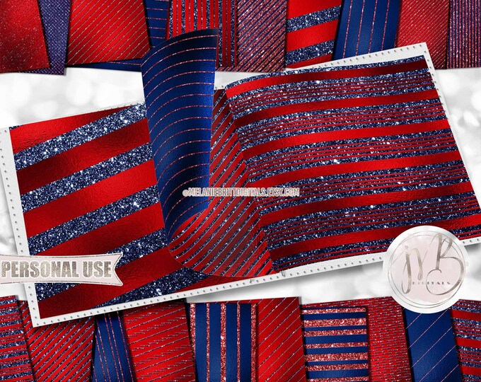 Patriotic Glitter Stripes Scrapbook Paper Download • USA Sparkling Glitter and Shimmering Foil • Printable Paper Crafts 20 12x12 JPG & PDF