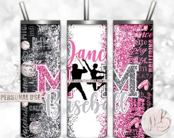 Mom of Both Baseball and Dance 20oz Skinny Tumbler Wrap Sublimation Design Download • Pink and Silver Glitter • DIY Print and Press