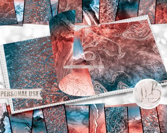 Orange and Teal Agate and Marble Scrapbook Paper Download • Realistic Geode Stone Vein Design • Printable Paper Crafts 20 12x12 JPG & PDF