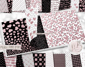 Pink Glitter Hearts Scrapbook Paper Download • Glittery Heart Patterned Design Pink and Black • Printable Paper Crafts 20 12x12 JPG & PDF