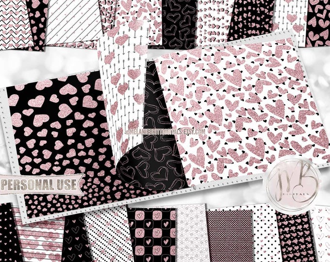 Pink Glitter Hearts Scrapbook Paper Download • Glittery Heart Patterned Design Pink and Black • Printable Paper Crafts 20 12x12 JPG & PDF