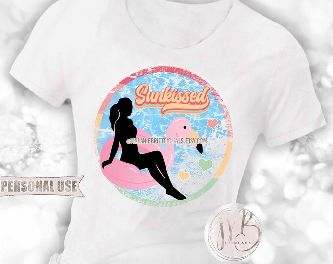 Retro Girl Summer Sunkissed T-Shirt Sublimation Design Download • Pool Flamingo Float Tropical Summer Vacation Vibes • DIY Print and Press