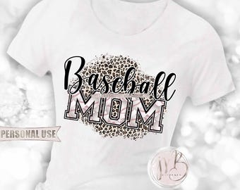 Black Baseball Mom T-Shirt Sublimation Design Download • Classic Leopard Print Baseball Varsity Letters Mom Gift • DIY Print and Press