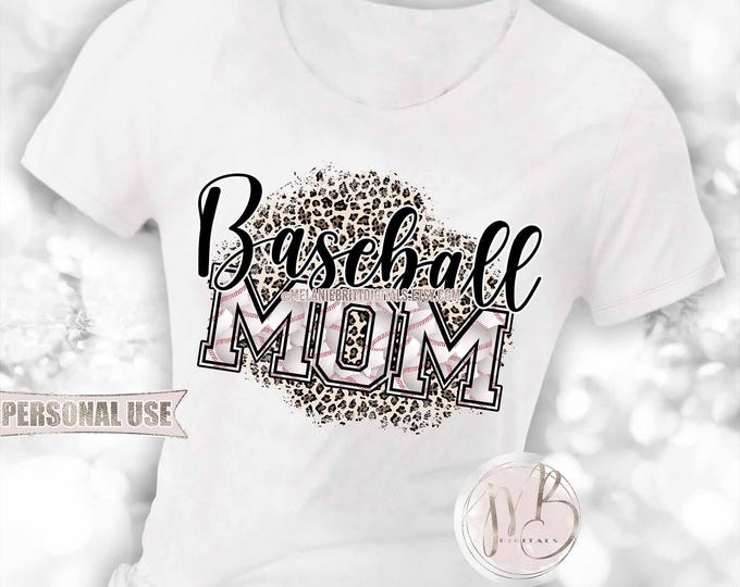 Black Baseball Mom T-Shirt Sublimation Design Download • Classic Leopard Print Baseball Varsity Letters Mom Gift • DIY Print and Press