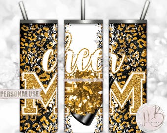 Athletic Gold Cheer Mom 20oz Skinny Tumbler Wrap Sublimation Design • Leopard Print Pom Pom Megaphone Glitter Mom Gift • DIY Print & Press
