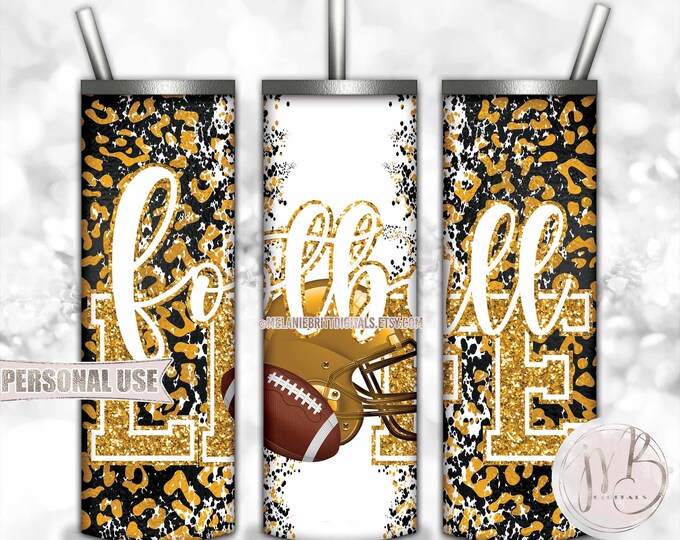 Athletic Gold Football Life 20oz Skinny Tumbler Wrap Sublimation Design • Football Helmet Leopard School Sports Gift • DIY Print & Press