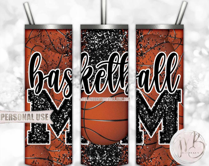 Black Glitter Basketball Mom 20oz Skinny Tumbler Wrap Sublimation Design Download • Basketball Collage Sports Mom Gift • DIY Print and Press