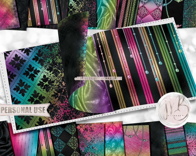Rainbow and Black Classy Scrapbook Paper Download • Sophisticated Design Diamonds Glitter Foil • Printable Paper Crafts 20 12x12 JPG & PDF
