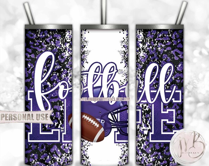 Old Purple Football Life 20oz Skinny Tumbler Wrap Sublimation Design • Football Helmet Leopard Print School Sports Gift • DIY Print & Press