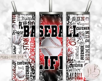 Baseball Life 20oz Skinny Tumbler Wrap Sublimation Design • Red and Black Tie Dye Typography Baseball Player Gift • DIY Print and Press