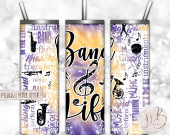 Band Life 20oz Skinny Tumbler Wrap Sublimation Design Download • Purple and Athletic Gold Tie Dye Typography Band Gift • DIY Print & Press