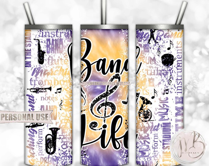 Band Life 20oz Skinny Tumbler Wrap Sublimation Design Download • Purple and Athletic Gold Tie Dye Typography Band Gift • DIY Print & Press