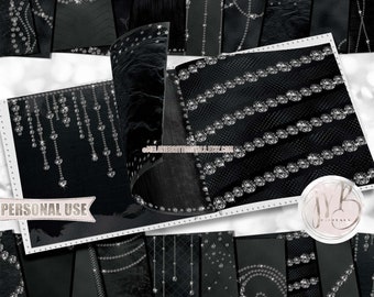Black Diamond Luxury Scrapbook Paper • Formal Diamond Strands Elegant Shimmering Foil Design • DIY Printable Paper Crafts 20 12x12 JPG & PDF