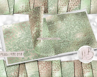 Nursery Distressed Leopard Print Scrapbook Paper Download • Pastel Baby Green Glitter and Foil • Printable Paper Crafts 20 12x12 JPG & PDF