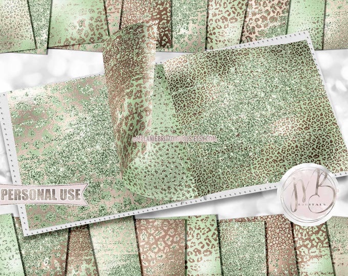 Nursery Distressed Leopard Print Scrapbook Paper Download • Pastel Baby Green Glitter and Foil • DIY Scrapbooking Printable 20 12x12 JPG PDF