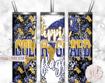 Color Guard 20oz Skinny Tumbler Wrap Sublimation PNG Download • Flippin Flags Band Blue and Athletic Gold School Colors • Seamless Design