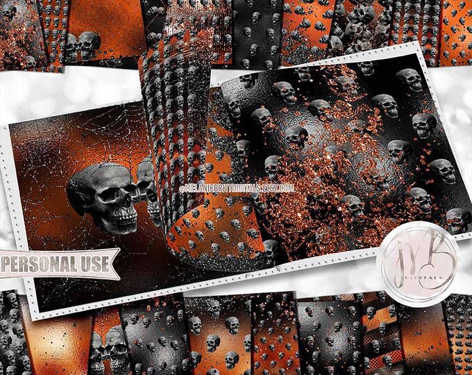 Orange and Black Glam Gothic Skulls Scrapbook Paper Download • Sparkling Glitter and Shimmering Foil • Scrapbooking Printable