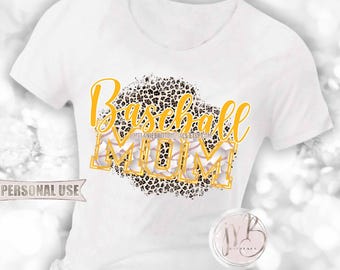 Athletic Gold Baseball Mom T-Shirt Sublimation Design Download • Classic Leopard Print Baseball Varsity Letters Mom Gift • DIY Print & Press