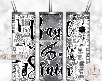 Silver Band Senior 20oz Skinny Tumbler Wrap Sublimation Design Download • Marching Band Typography Senior Year Grad Gift • DIY Print & Press