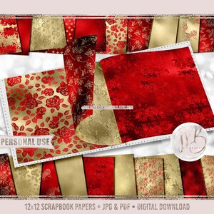 Red and Gold Floral Scrapbook Paper Download • Elegant Floral Flowers Shimmering Foil • DIY Printable Paper Crafts 20 12x12 JPG & PDF