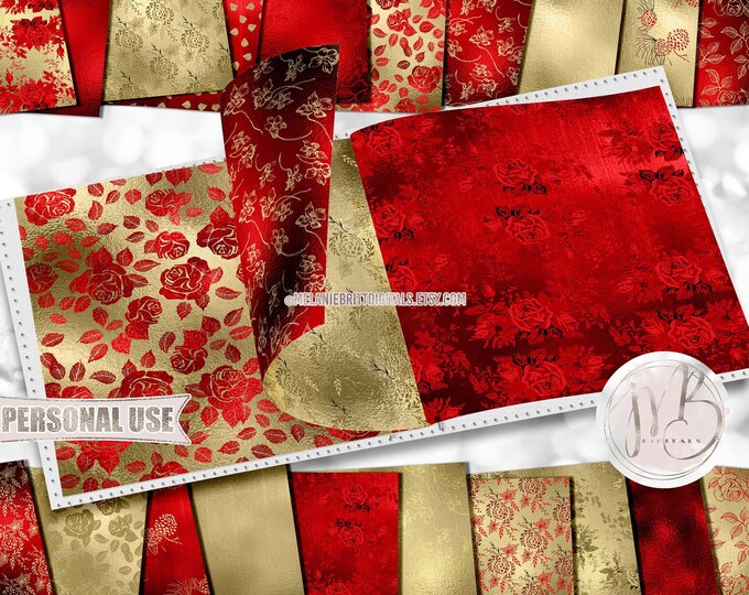 Red and Gold Floral Scrapbook Paper Download • Elegant Floral Flowers Shimmering Foil • DIY Printable Paper Crafts 20 12x12 JPG & PDF