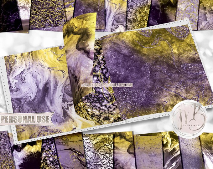 Purple and Yellow Agate and Marble Scrapbook Paper Download • Realistic Geode Stone Vein Design • Printable Paper Crafts 20 12x12 JPG & PDF