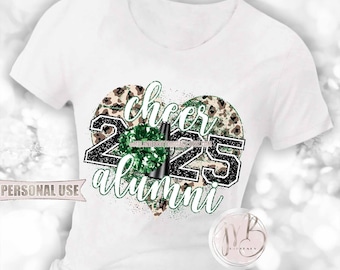 Green Cheer Alumni 2025 Heart T-Shirt Sublimation Design • Pom Pom Megaphone Classic Leopard Glitter Graduate Gift • DIY Print and Press
