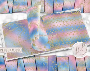 Blue and Pink Ombre Stardust Scrapbook Paper Download • Gold Glitter Falling Stars Shimmering Foil • Printable Paper Crafts 20 12x12 JPG PDF