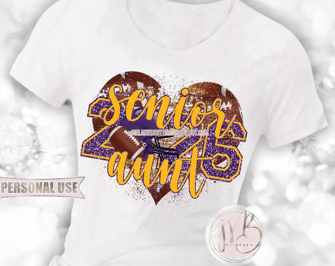 Football Senior 2026 Aunt Heart T-Shirt Download • Purple and Athletic Gold School Colors • Sublimation Print and Press
