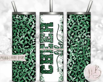 Green Cheer Life Glitter 20oz Skinny Tumbler Wrap Sublimation Design Download • Leopard Print Pom Squad Cheerleader Gift • DIY Print & Press