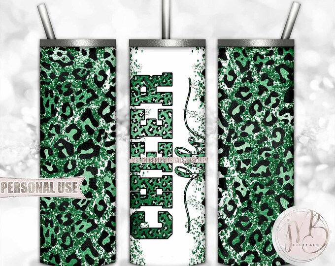 Green Cheer Life Glitter 20oz Skinny Tumbler Wrap Sublimation Design Download • Leopard Print Pom Squad Cheerleader Gift • DIY Print & Press