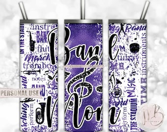 Purple Band Mom 20oz Skinny Tumbler Wrap Sublimation Design • Music Instruments Typography Marching Band Mom Gift • DIY Print and Press
