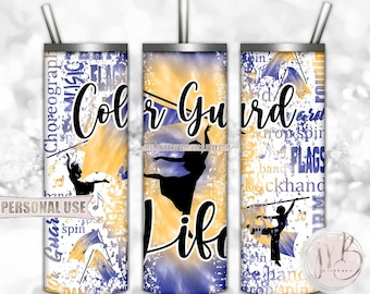 Blue Athletic Gold Tie Dye Color Guard Life 20oz Skinny Tumbler Wrap Sublimation Design • Flag Performance Typography • DIY Print & Press