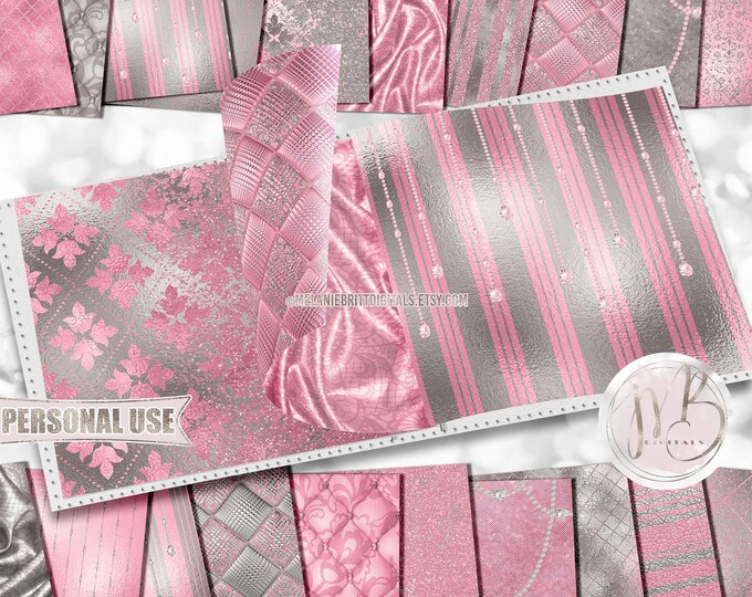Pink and Platinum Classy Scrapbook Paper Download • Sophisticated Design Diamonds Glitter Foil • Printable Paper Crafts 20 12x12 JPG & PDF