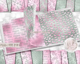 Pink and Mint Floral Mother’s Day Scrapbook Paper Download • Embossed Flowers and Butterflies • DIY Printable Paper Crafts 20 12x12 JPG PDF