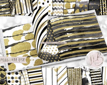 Black and Gold Glam Watercolor Scrapbook Paper Download • Gold Glitter Patterned Paint Design • Printable Paper Crafts 20 12x12 JPG & PDF