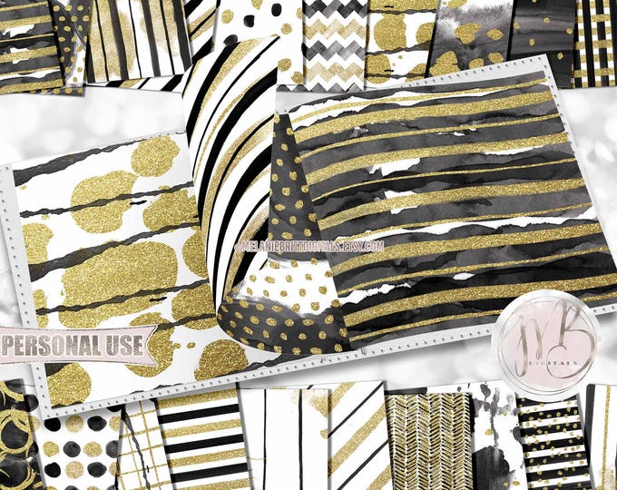 Glam Watercolor Scrapbook Paper Download • Black with Gold Glitter • Scrapbooking Printable