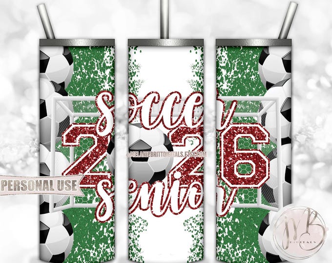 Maroon Soccer Senior 2026 20oz Skinny Tumbler Wrap Sublimation Design Download • Soccer Field Goal Glitter Grad Gift • DIY Print and Press