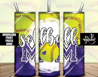 Purple Softball Mom 20oz Skinny Tumbler Wrap Sublimation Design Download • Softball Collage Glitter Varsity Letters • Sublimation Crafts